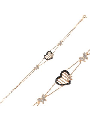 İsmiyle Al 925 Ayar Gümüş Rose Kalpli Kelebek Bileklik