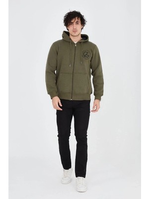 Giyim Center Erkek 3 Iplik Pamuklu Fermuarlı Kapüşonlu Kanguru Cepli Baskılı Hoodie Hırka Sweatshirt - Yeşil