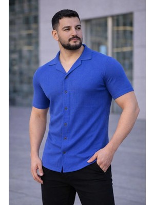 Lushiowear Erkek Waffle Kumaş Kısa Kollu Düğmeli Açık Yaka Regular Fit Gömlek - Saks Mavisi