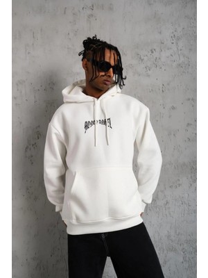 Giyim Center Erkek 3 Iplik Pamuklu Baskılı Kapüşonlu Cepli Sweatshirt Hoodie - Beyaz