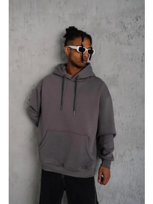 Giyim Center Erkek 3 Iplik Pamuklu Kapüşonlu Kanguru Cepli Sweatshirt Hoodie - Gri