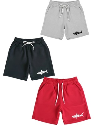 Makiteks Pamuk 3 Adet Unisex Kız Erkek Çocuk Şort Seti 5 6 7 8 9 10 11 12 13 14 Yaş Düz Renk Shark Baskı
