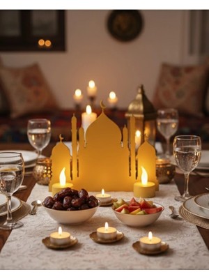 Beruflic 3D Iki Mumlu Cami Dekor 2 Pilli LED Mum Hediyeli Masa Üstü Süs