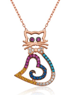 İsmiyle Al 925 Ayar Gümüş Kalpli Kedi Kadın Gümüş Kolye