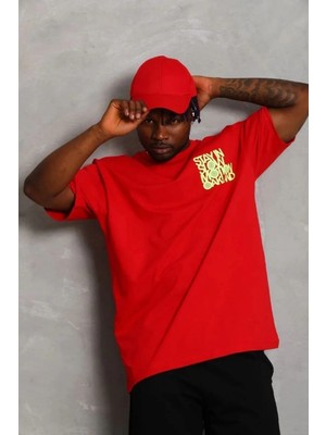 Lushiowear Erkek Baskılı T-Shirt Kısa Kol Bisiklet Yaka Regular Fit Rahat Kalıp Günlük Tişört - Kırmızı