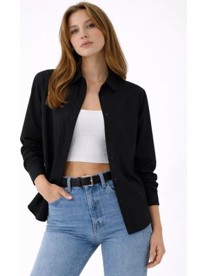 Lushiowear Kadın Uzun Kollu Gömlek Düğmeli Klasik Yaka Günlük ve Ofis Şıklığına Uygun - Siyah