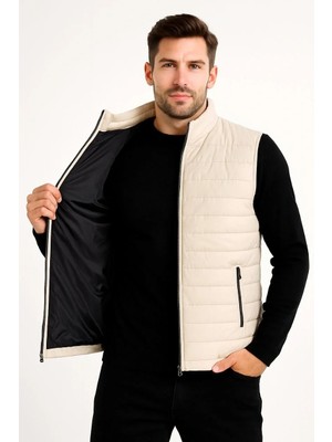 Lushiowear Erkek Şişme Fermuarlı Yelek Su Itici Kapitone Astarlı Cepli Hafif Spor Kalıp - Bej