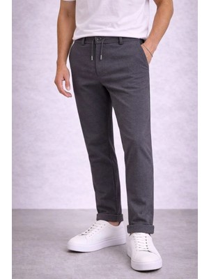 Lushiowear Erkek Diagonel Mikro Dokulu Duble Paça Cepli Pantolon, Modern Kesim - Füme