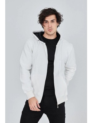 Lushiowear Erkek 3 Iplik Pamuklu Fermuarlı Kapüşonlu Kanguru Cepli Hoodie Hırka Sweatshirt - Beyaz