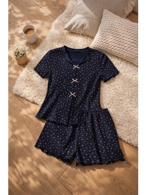 Koza İç Giyim Kadın Çiçek Desenli Fiyonklu Kaşkorse Kısa Kollu Şort Takım