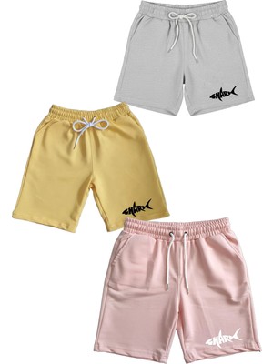 Makiteks Pamuk 3 Adet Unisex Kız Erkek Çocuk Şort Seti 5 6 7 8 9 10 11 12 13 14 Yaş Düz Renk Shark Baskı