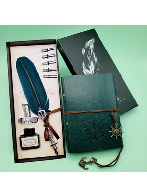 İsmiyle Al Deri Defter ve Tüylü Mürekkepli Kalem Seti