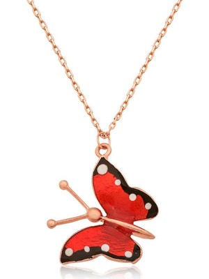 İsmiyle Al 925 Ayar Gümüş Kırmızı Kelebek Kadın Gümüş Kolye