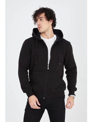 Lushiowear Erkek 3 Iplik Pamuklu Fermuarlı Kapüşonlu Kanguru Cepli Hoodie Hırka Sweatshirt - Siyah