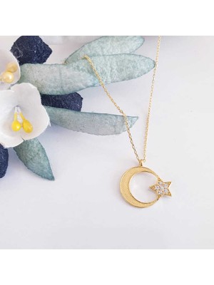 İsmiyle Al 925 Ayar Gümüş Gold Ay Yıldız Kadın Kolye