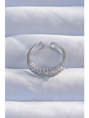 Pirinç Gümüş Renk Sedefli Zirkon Taşlı Su Yolu Model 2li Görünüm Ayarlanabilir Yüzük - Lisinya