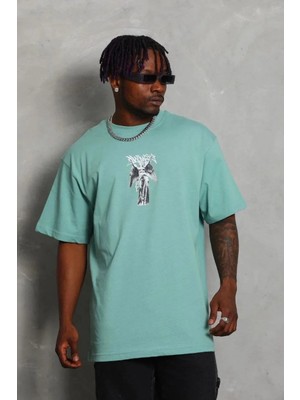 Lushiowear Erkek Baskılı T-Shirt Kısa Kol Bisiklet Yaka Regular Fit Rahat Kalıp Günlük Tişört - Mint Yeşili