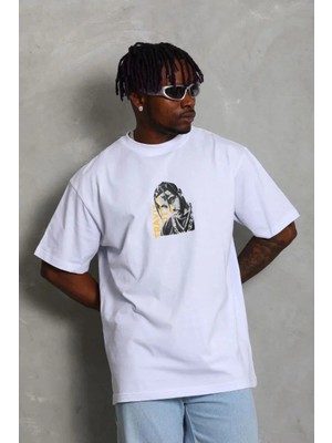 Lushiowear Erkek Baskılı T-Shirt Kısa Kol Bisiklet Yaka Regular Fit Rahat Kalıp Günlük Tişört - Beyaz