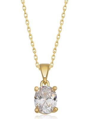 İsmiyle Al 925 Ayar Gümüş Gold Oval Zirkon Taşlı Kadın Gümüş Kolye