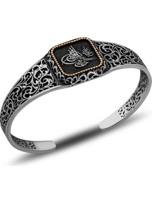 İsmiyle Al Gümüş Tuğra Ayarlanabilir Kelepçe Erkek Bileklik