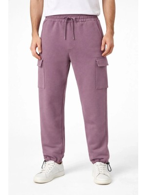 Lushiowear Erkek Baggy Üç Iplik Kargo Cepli Eşofman Ayarlanabilir Paça Beli Ipli Pantolon - Gül Kurusu