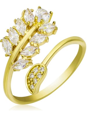 İsmiyle Al Gümüş Gold Ayarlanabilir Beyaz Taşlı Yaprak Kadın Yüzük