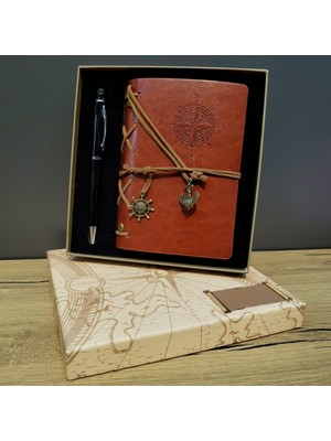 İsmiyle Al Pusula Baskılı Deri Defter Kalem Seti