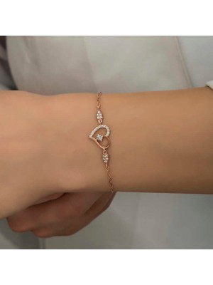İsmiyle Al 925 Ayar Gümüş Rose Kalpli Tektaş Kadın Bileklik