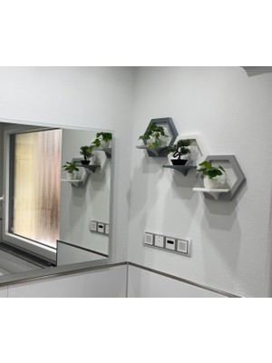 Generic Modern Hegzagon Duvar Rafı Seti – 3’lü Petek Tasarım Dekoratif Saksı ve Obje Rafı (Antrasit & Beyaz)