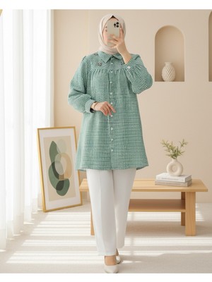 Modamorfo Üstü Taş ve Boncuk Detaylı Çizgili Gömlek -Yeşil