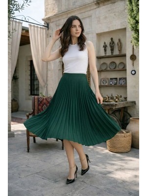 Lushiowear Kadın 90 cm Saten Kumaş Pliseli Midi Etek Şık ve Zarif Tasarım - Çağla Yeşili