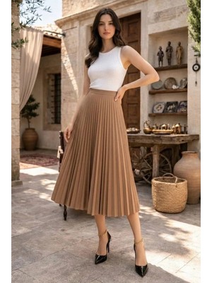 Lushiowear Kadın 90 cm Saten Kumaş Pliseli Midi Etek Şık ve Zarif Tasarım - Kahverengi