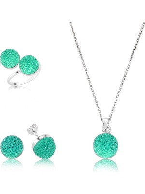 İsmiyle Al 925 Ayar Gümüş Yeşil Kristal Taşlı Set