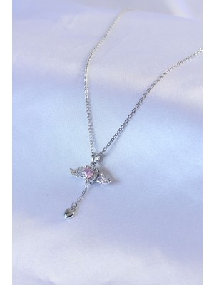 316L Çelik Gümüş Renk Kanatlı Kalp Figür Zirkon Taş Detay Kadın Kolye - Lisinya