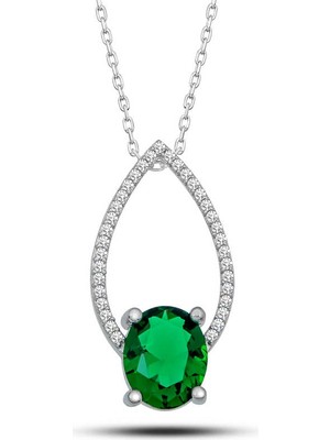 İsmiyle Al Gümüş Yeşil Oval Taşlı Damla Kadın Kolye