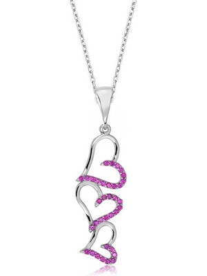 İsmiyle Al 925 Ayar Gümüş Pembe Üç Kalpli Kadın Gümüş Kolye