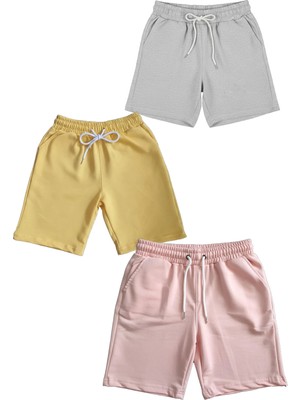 Makiteks Pamuk 3 Adet Unisex Kız Erkek Çocuk Şort Seti 5 6 7 8 9 10 11 12 13 14 Yaş Düz Renkler Baskısız