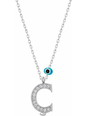 İsmiyle Al 925 Ayar Gümüş Nazar Rodyum Ç Harfi Kadın Gümüş Kolye