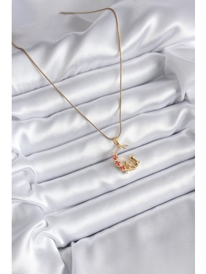 316L Çelik Gold Renk Hilal Kedi Model Zirkon Taşlı Detay Kadın Kolye - Lisinya