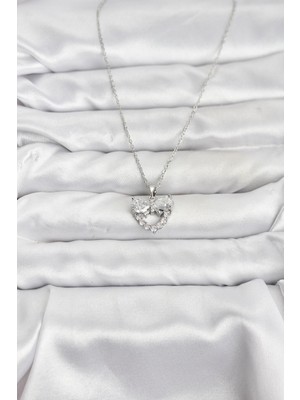 316L Çelik Zincir Gümüş Renk Kalp ve Fiyonk Model Zirkon Taşlı Kadın Kolye - Lisinya