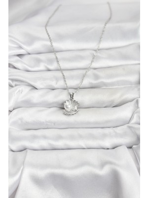 316L Çelik Zincir Gümüş Renk Istiridye Inci Model Zirkon Taşlı Kadın Kolye - Lisinya