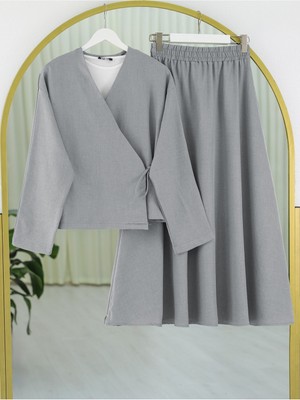 Modamorfo Yandan Bağlamalı Etekli Keten Takım  -Gri