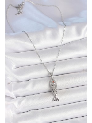 316L Çelik Zincir Gümüş Renk Zirkon Taşlı Balık Figürlü Kolye - Lisinya