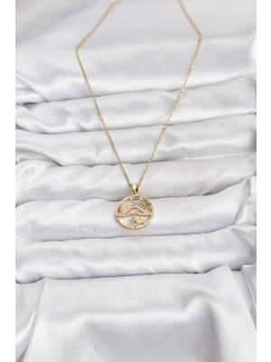 316L Çelik Zincir Gold Renk Şans Kolyesi Model Zirkon Taşlı Kadın Kolye - Lisinya