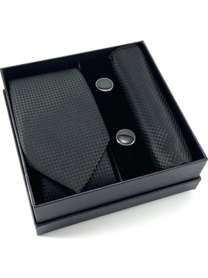 Colezium Kravat Düğme Set Siyah Desenli Kravat Mendil Kol Düğmesi Özel Set