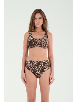 Louren Kadın Leopar Desenli Kalın Kenarlı Çıkarılabilir Kaplı Telli Toparlayıcı Bikini Takımı