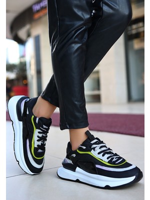 Shoegar Aleh Siyah Cilt Lila Detaylı Spor Ayakkabı