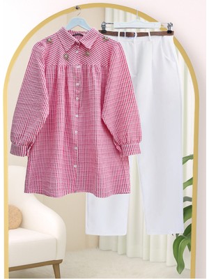 Modamorfo Üstü Taş ve Boncuk Detaylı Çizgili Gömlek -Pembe