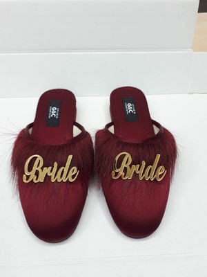 GC Terlikler Bride Gelin Topuksuz Kaz Tüyü Terlik Bordo-Gold Yazılı