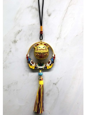 İsmiyle Al Renkli Püsküllü Şans Kedisi Feng Shui Askılık